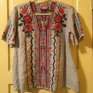 Johnny Was taupe grey embroidered  linen shirt